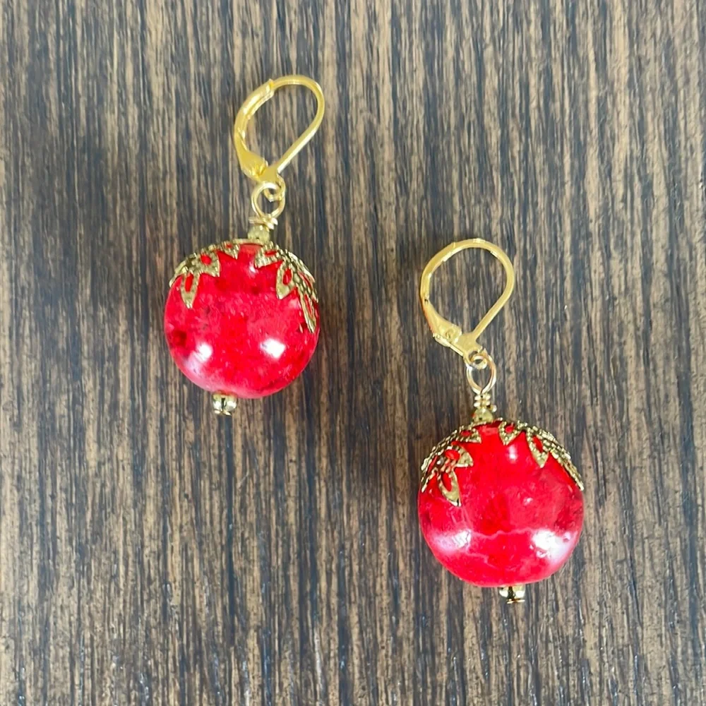 HAND CRAFTED EARRINGS Big Red Glass Marbles Gold Plated